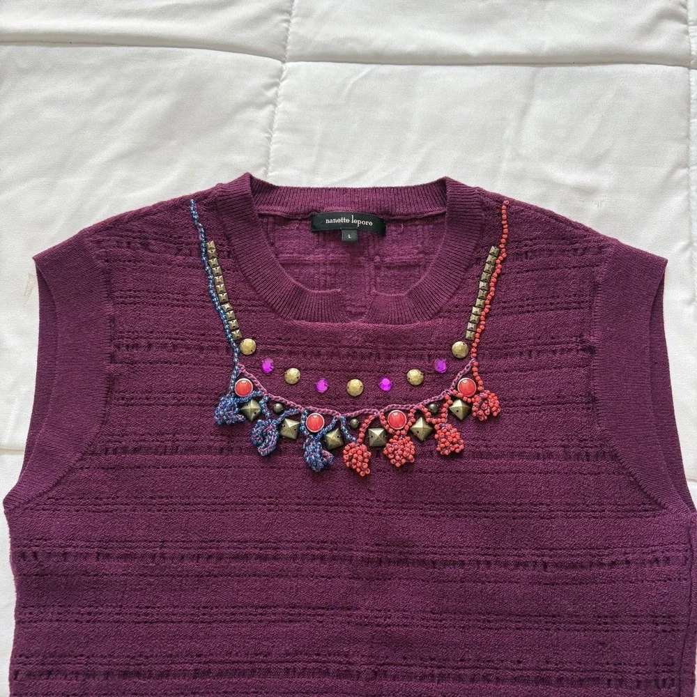 Nanette Lepore Sweater Vest Womens Large Purple Merino Wool Beaded Luxury Preppy